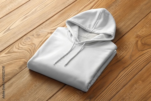 Premium unisex fleece hoodie folded on wooden surface casual wear comfortable apparel fashion clothing