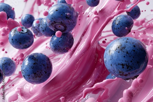 Vibrant blueberries appear mid-air amid a splash of pink liquid, creating a visually appealing shot.