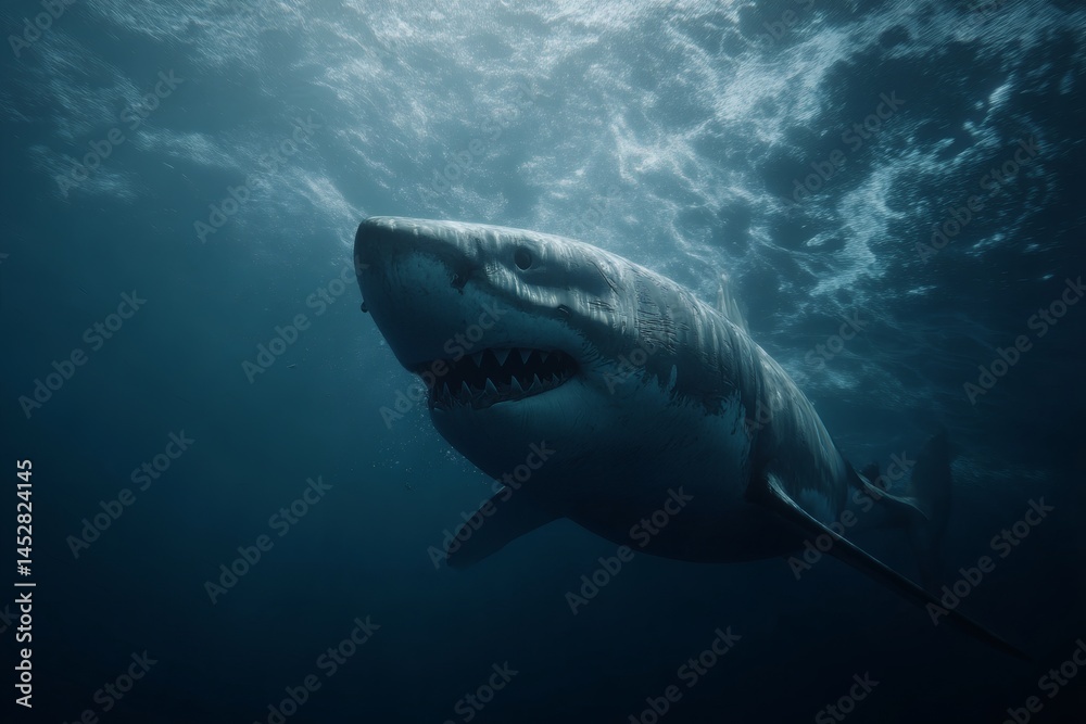 Naklejka premium A majestic great white shark gracefully swimming in the deep blue ocean. The shark's powerful presence and sharp teeth are on full display.