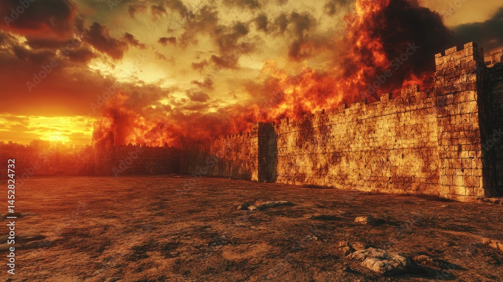 Fototapeta premium Fiery Siege Ancient Walls Under Attack at Sunset.