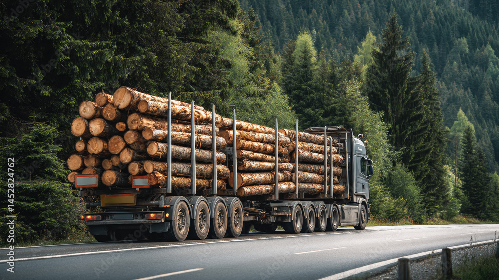 Logging truck carrying timber on mountain highway surrounded by dense coniferous forest on a clear day