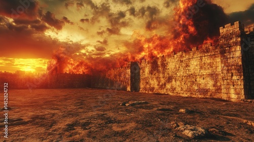 Fiery Siege Ancient Walls Under Attack at Sunset.