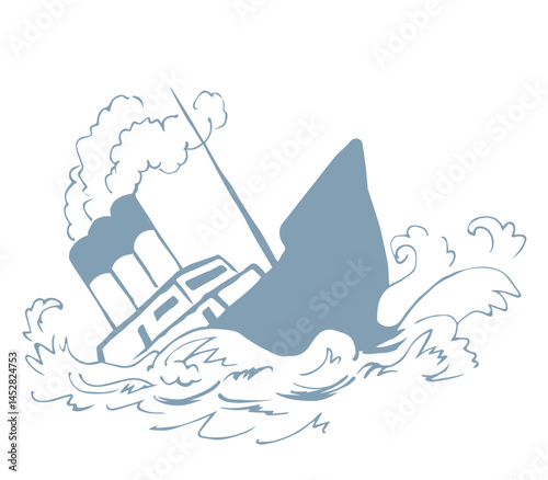 Shipwreck in the waves. Vector drawing