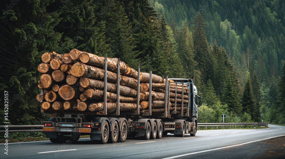 Logging truck carrying timber on mountain highway surrounded by dense coniferous forest on a clear day