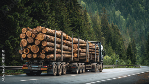 Obraz na płótnie Logging truck carrying timber on mountain highway surrounded by dense coniferous forest on a clear day w salonie
