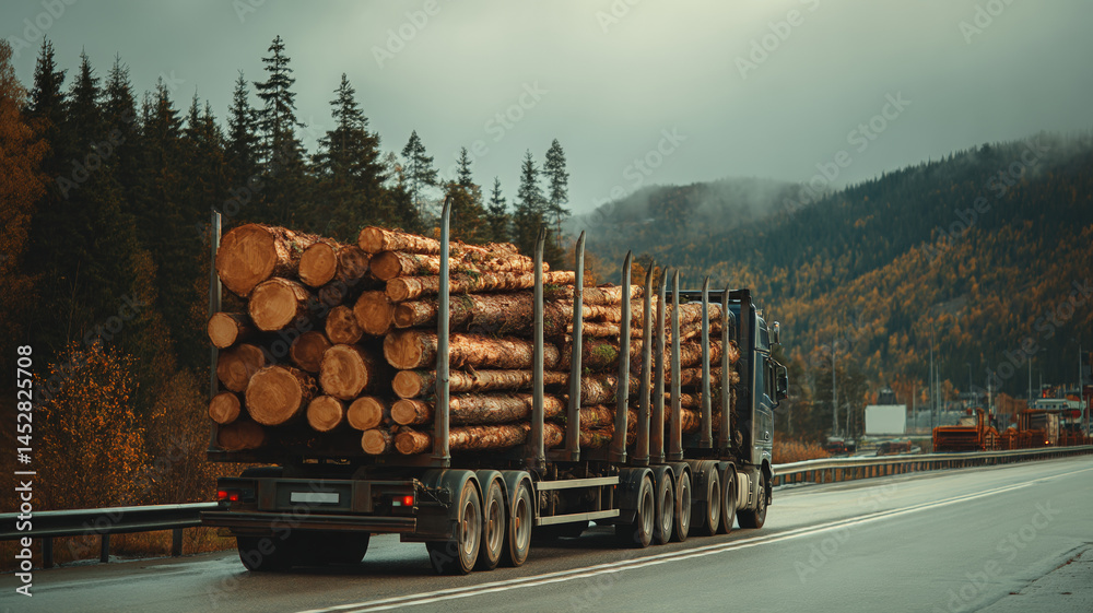 Logging truck carrying timber on mountain highway surrounded by dense coniferous forest on a clear day