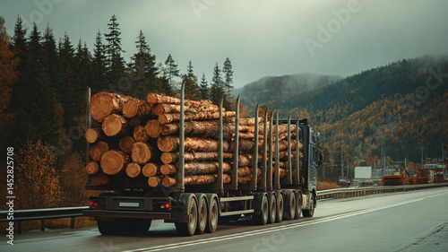Obraz na płótnie Logging truck carrying timber on mountain highway surrounded by dense coniferous forest on a clear day w salonie