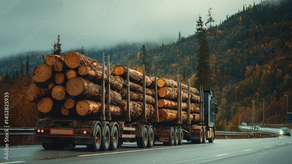 Logging truck carrying timber on mountain highway surrounded by dense coniferous forest on a clear day