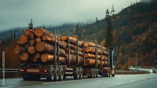 Obraz na płótnie Logging truck carrying timber on mountain highway surrounded by dense coniferous forest on a clear day w salonie