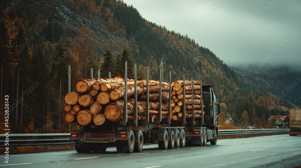 Logging truck carrying timber on mountain highway surrounded by dense coniferous forest on a clear day