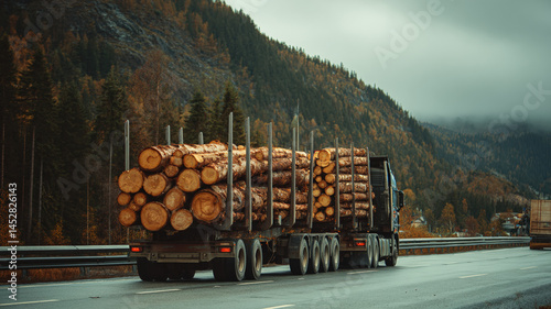 Obraz na płótnie Logging truck carrying timber on mountain highway surrounded by dense coniferous forest on a clear day w salonie