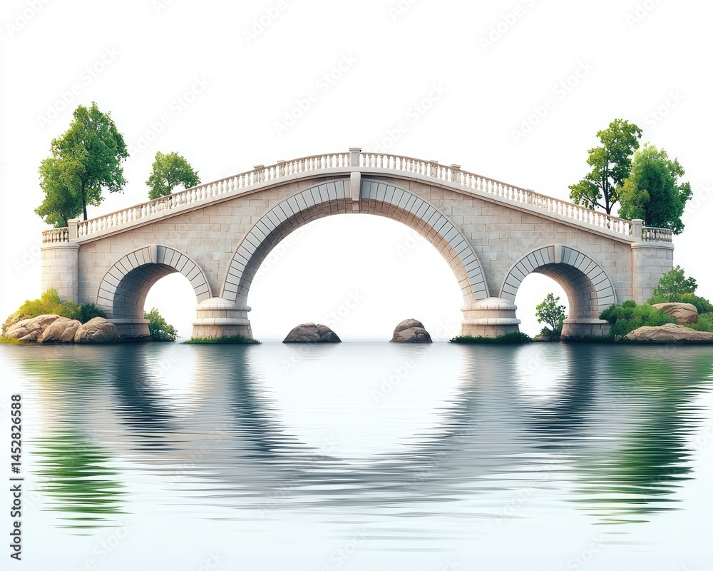 Fototapeta premium Serene stone bridge arching over calm waters with lush trees on banks