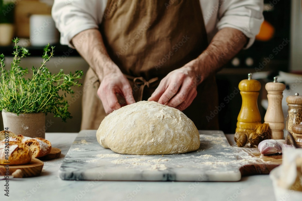 Hands shape dough on marble. Herbs, seasonings add flavor. Baking at home is therapeutic Hands shape dough on marble. Herbs, seasonings add flavor. Baking at home is therapeutic