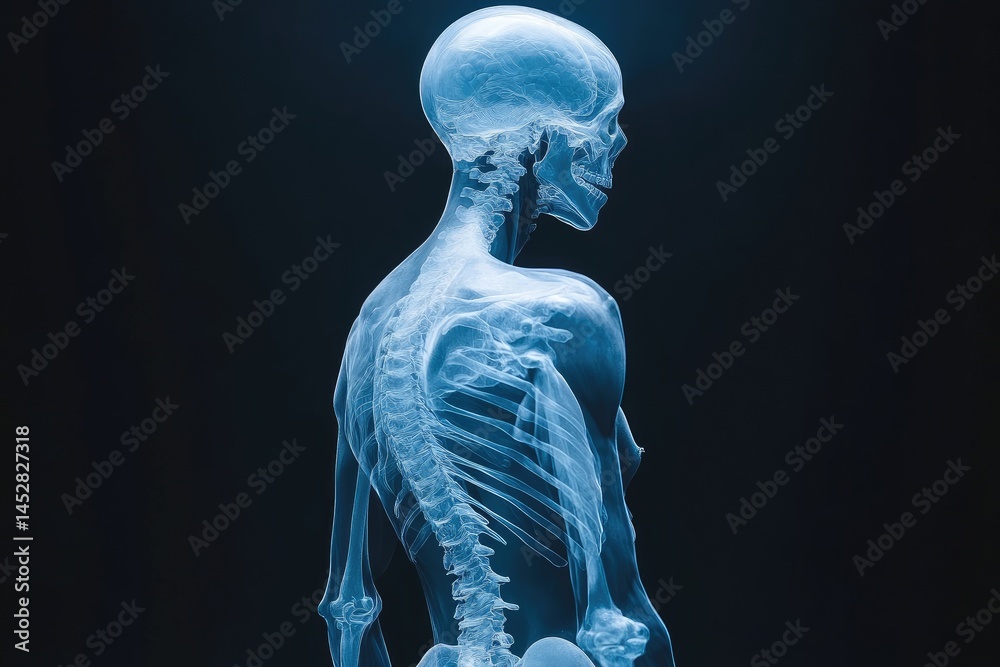 A radiographic image depicts a human skeleton in profile view A radiographic image depicts a human skeleton in profile view