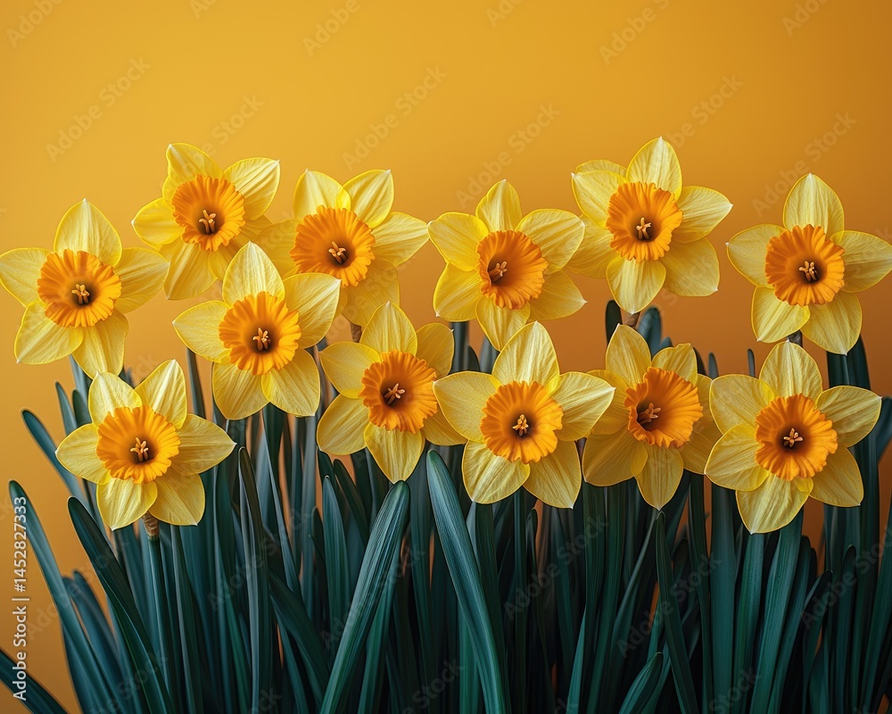 Fototapeta premium Vibrant yellow daffodils blooming against a bright orange background, showcasing spring beauty