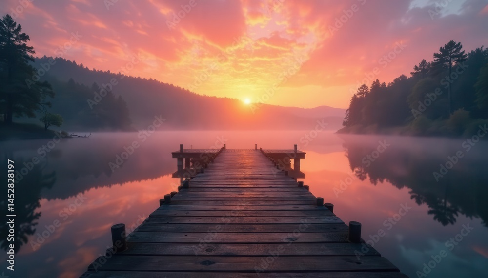 Naklejka premium Misty sunrise, ancient wooden jetty on still lake, jetty, mystical