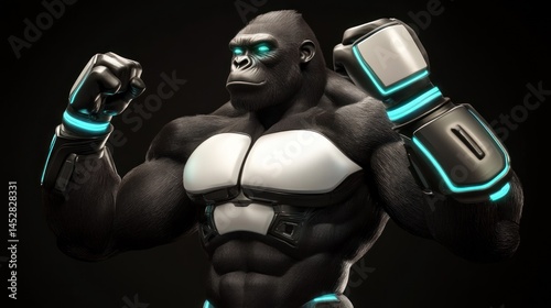 Powerful gorilla in futuristic boxing armor dynamic pose dark background