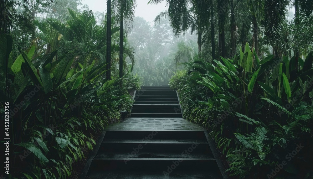 Obraz premium Stone stairs lead through lush, tropical greenery under a misty sky, creating a serene path