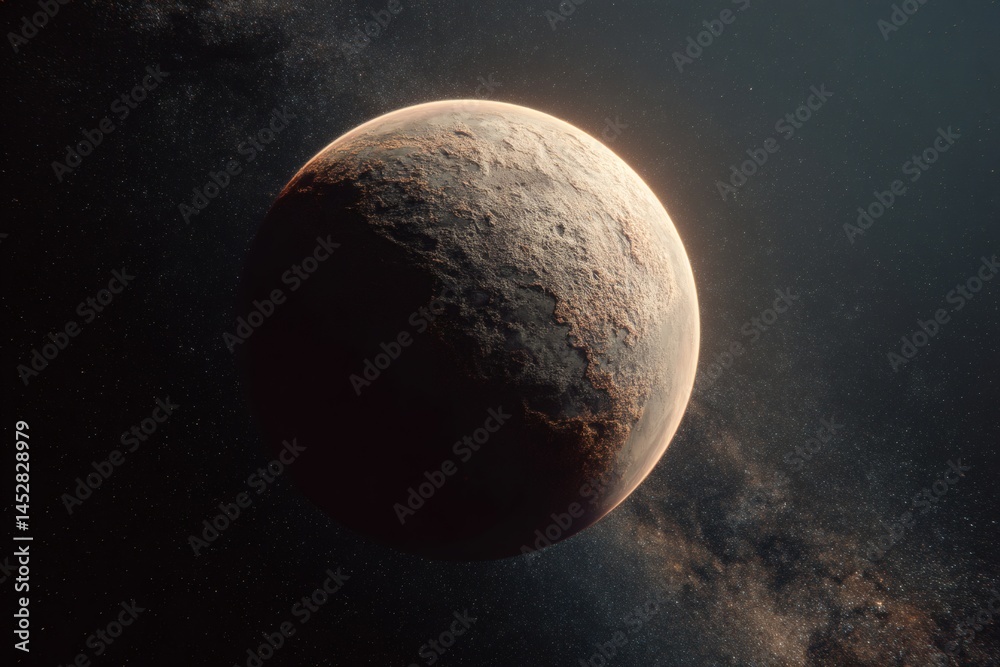 Naklejka premium An inspiring view of a mysterious planet set against the backdrop of the starry cosmos. The planet's surface is a mix of textures and tones, lit in such a way that is seems like there are craters