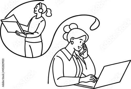 Outlined Woman Using Laptop With Headset Connected To Another Woman Working