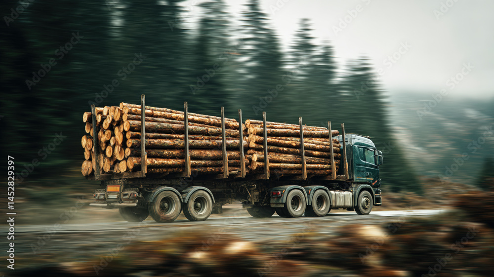 Speeding logging truck hauling timber on rural road with blurred forest background and overcast sky