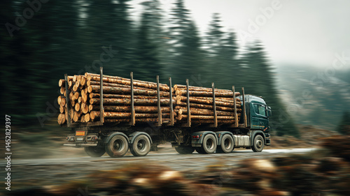Obraz na płótnie Speeding logging truck hauling timber on rural road with blurred forest background and overcast sky w salonie
