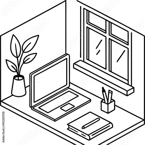 Isometric Workspace With Laptop Plant Window And Notebook Outline Design
