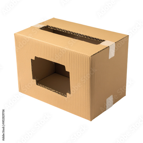 Brown Cardboard Box with Open Window for Storage and Organization in a Modern Office or Home Environment