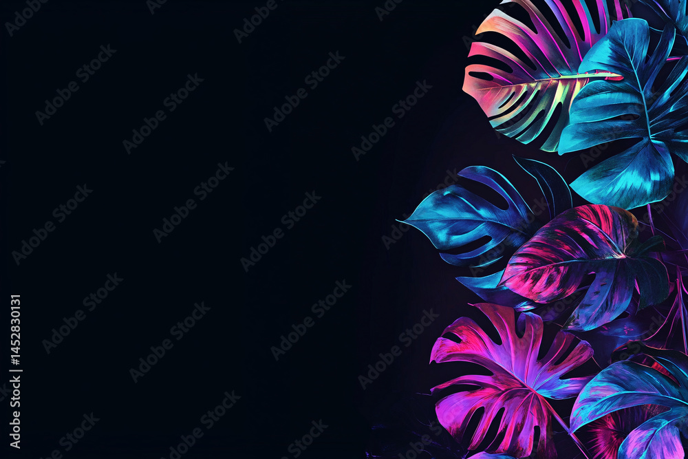 Background of many different tropical leaves in neon colors and lighting. dark background. funky banner. unusual colors. summer background. vegetation