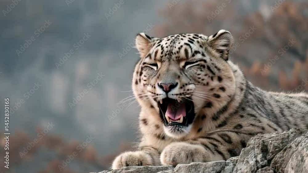 A snow leopard lying on a rocky ledge high in the mountains, slowly yawning and stretching its paws. A snow leopard lying on a rocky ledge high in the mountains, slowly yawning and stretching its paws.