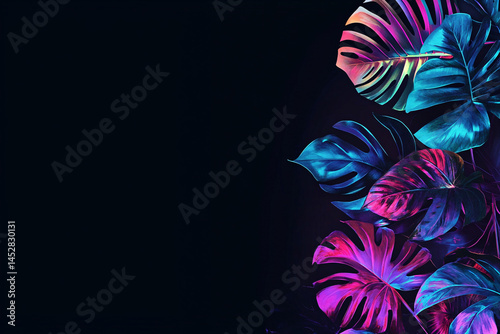 Obraz na płótnie Background of many different tropical leaves in neon colors and lighting. dark background. funky banner. unusual colors. summer background. vegetation w salonie