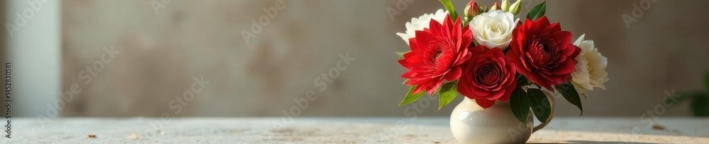 Fototapeta premium Red and white blooms in ceramic vase, tabletop setting, visual, shadow