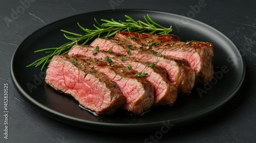 A 4K photo of sliced T-bone or porterhouse beef steak on black plate. Roasted meat cut with herbs, spices. Steakhouse menu recipe with text space. Gourmet dinner, BBQ grill.