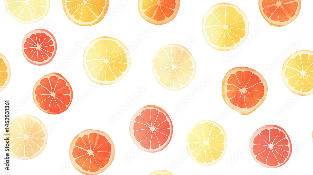 Obraz premium Flat lay of citrus slices (orange, grapefruit, lemon) arranged in gradient pattern, white background, PNG