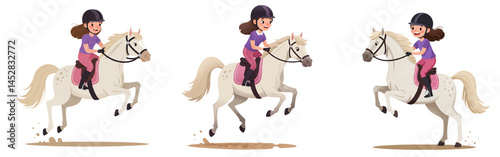 Cheerful Girl Riding White Horse – Cute Cartoon Equestrian Scene for Children’s Book Illustration