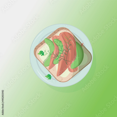 Vector illustration of toast with salmon and vegetables, healthy food for breakfast