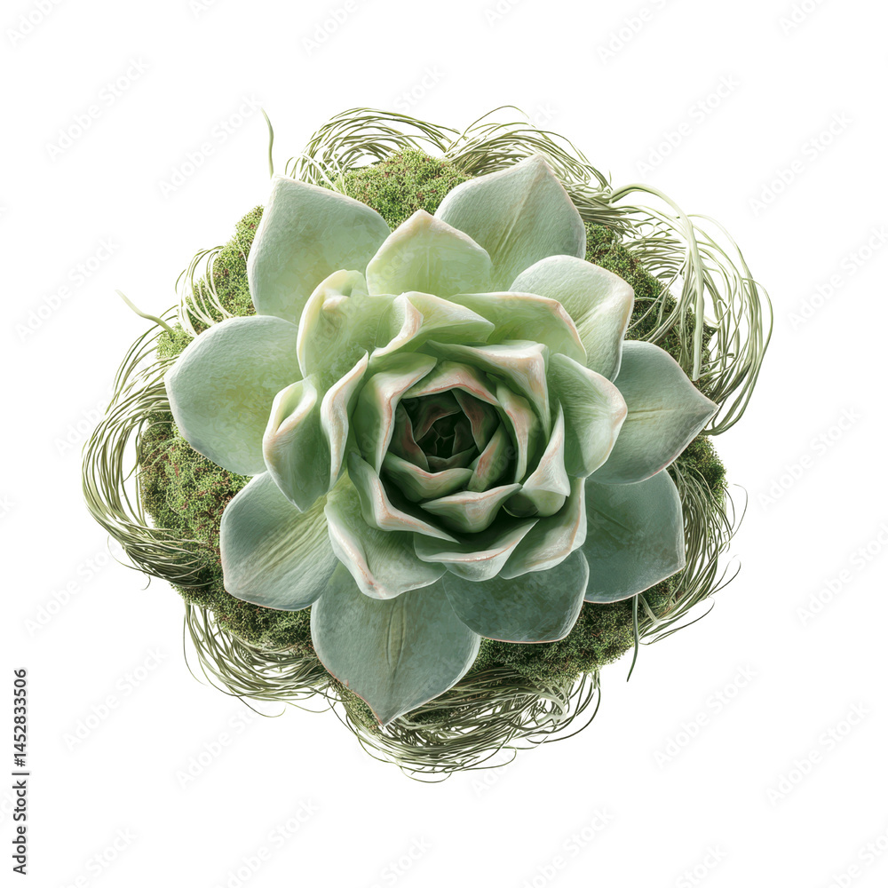 Obraz premium Overhead View of a Succulent Plant in a Nest of Dried Grass and Moss