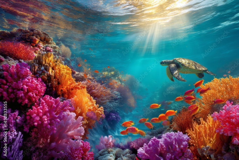 Fototapeta premium A vivid underwater world with colorful coral reefs and sea turtle