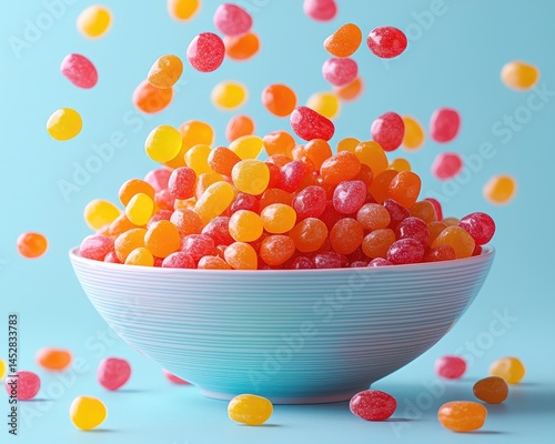 Colorful jelly beans spilling from a bowl against a soft blue background