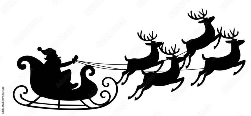 Fototapeta premium Santa Claus Sleigh Silhouette with Reindeer