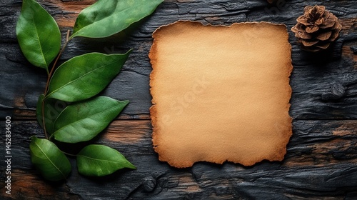 Rustic background featuring a textured wooden surface with blank parchment and greenery