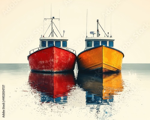 Two colorful fishing boats reflecting on calm water at sunrise, serene atmosphere