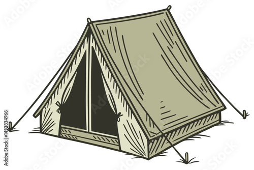 Camping Tent Illustration: Outdoor Adventure Equipment for Recreational Activities and Vacation Themes, Isolated on White Background.