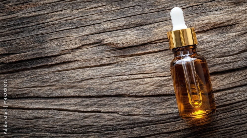 Naklejka premium Amber Essential Oil Bottle on Rustic Wood.