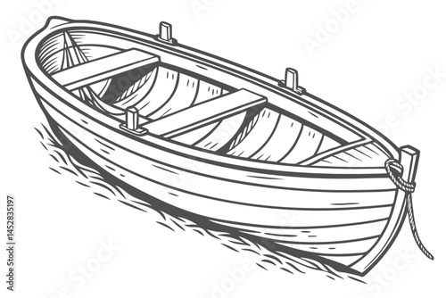 Monochrome Illustration of Small Rowing Boat on Water with Tied Rope for Nautical Decoration and Graphic Design Projects.