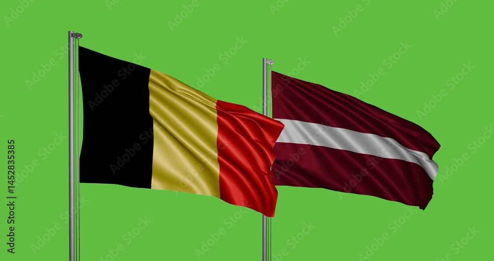 Belgium and Latvia 3D flags, A breeze of national style, chroma key background