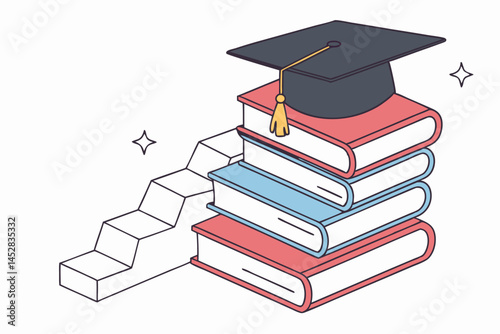 Graduation Cap on Stack of Books with Stairs, Representing Education, Success, and Knowledge Pursuit in Modern Flat Vector.