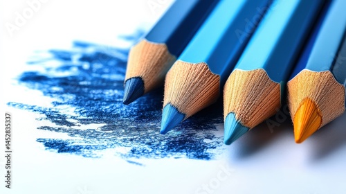 Vibrant arrangement of blue colored pencils with shavings on white background
