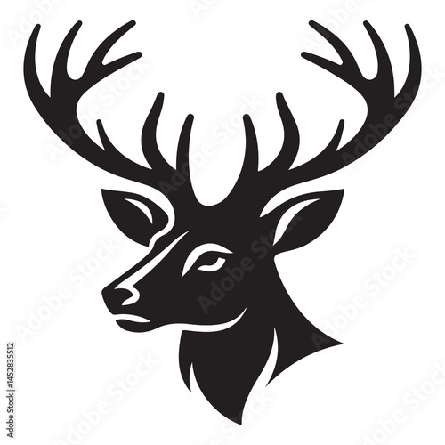 Black and white illustration, deer head silhouette, majestic antlers, minimalist design, elegant profile, stylized wildlife art, sharp contrast, vector graphic style, iconic logo design.