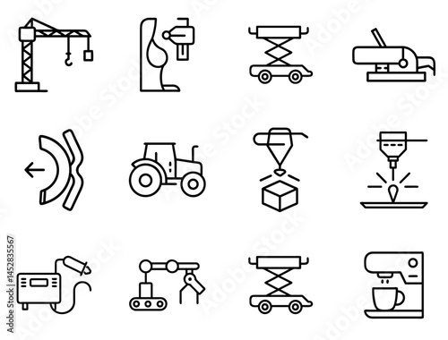 Advanced Machinery Outline Line Icon Set for Industrial and Engineering Projects